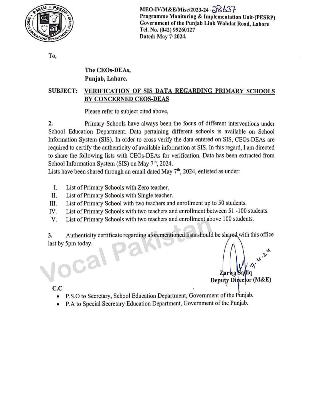 Punjab 8 Verification Of SIS Data Regarding Primary Schools By Concerned CEOs-DEAs By Government Of The Punjab