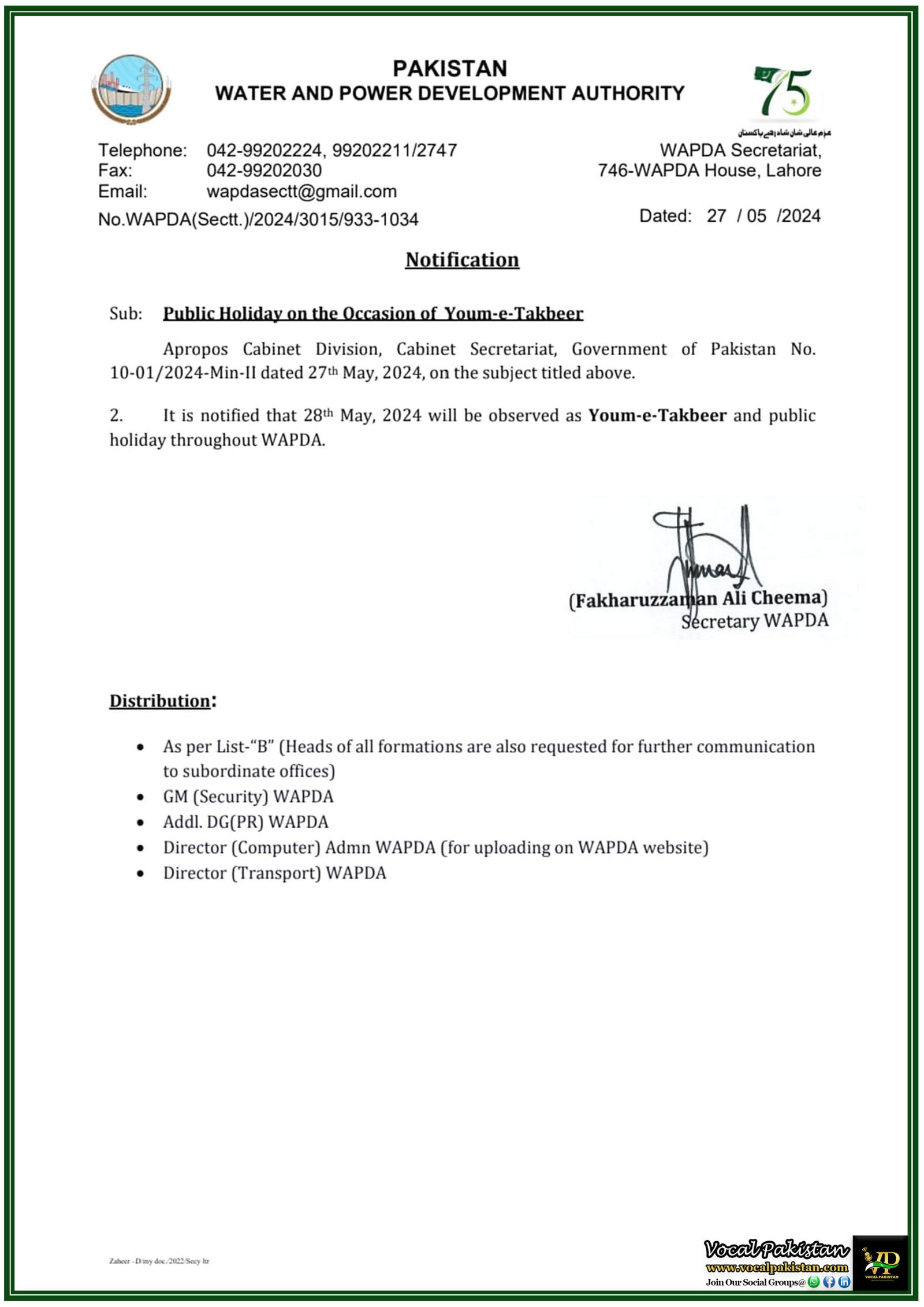 Youm-e-Takbeer Holiday Announced by WAPDA for 28th May 2024-Notification