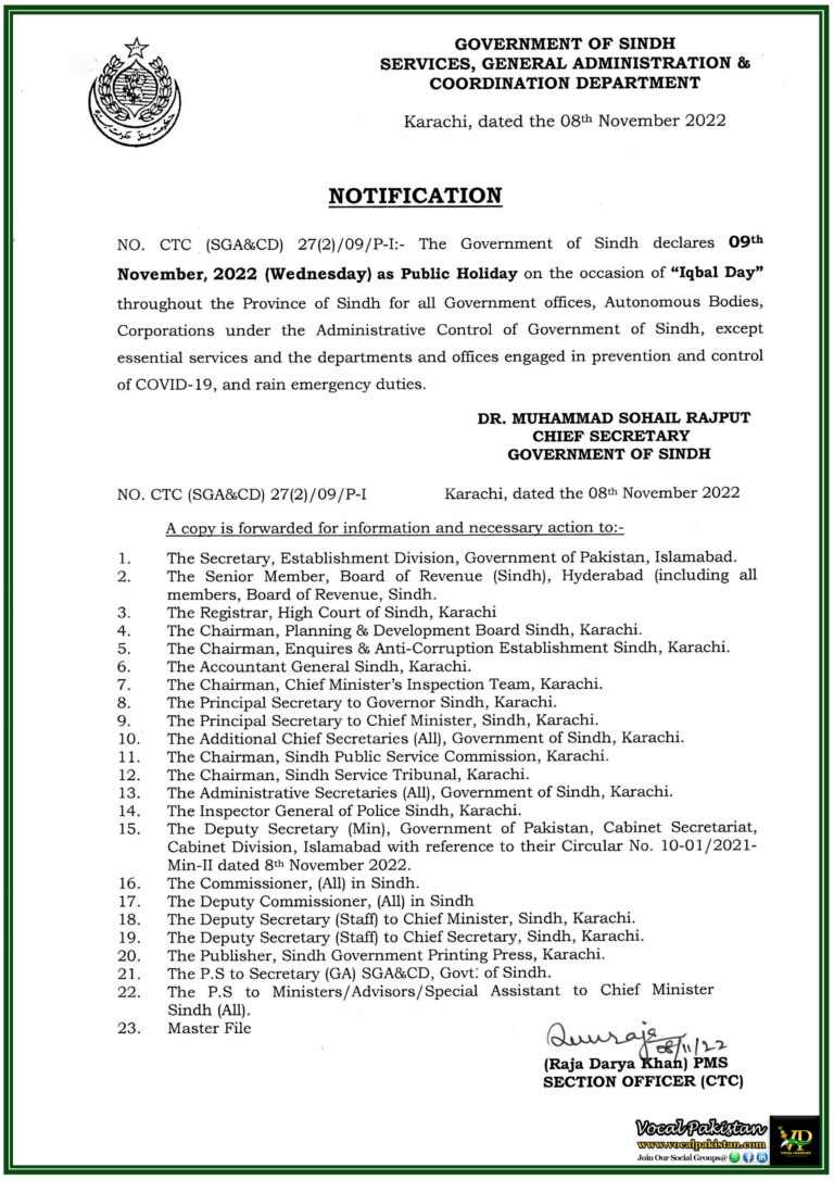 09 November, 2022 Iqbal Day Holiday Notification Issued In Government Of Sindh