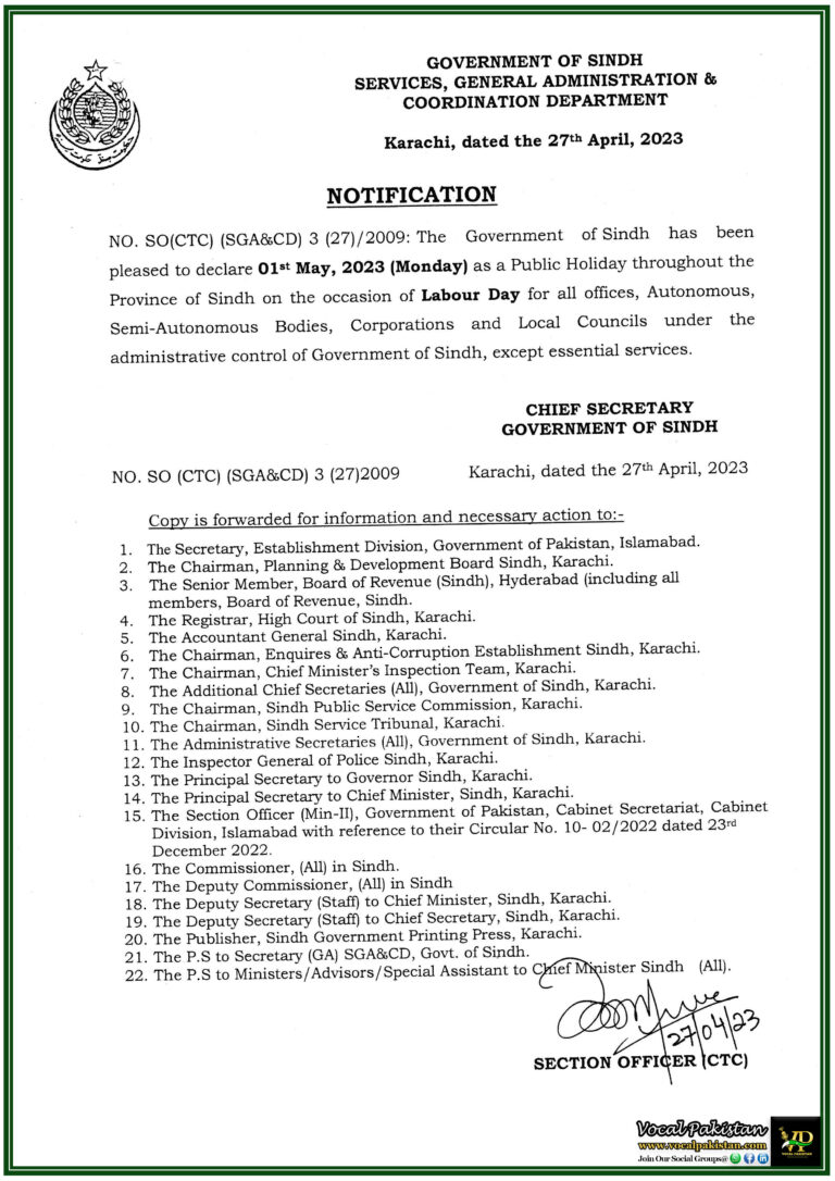 1st May 2023 (Monday) (Labour Day) Will Be A Public Holiday In Sindh-Notification