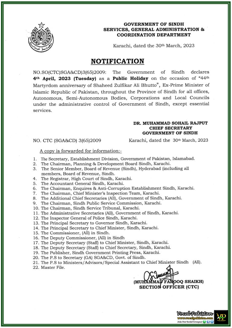 Government Of Sindh Declare Public Holiday On The Occasion Of 44th Martyrdom Anniversary Of Quaid-E-Awam Shaheed Zulfiqar Ali Bhutto, Ex-Prime Ministers Of Islamic Republic Of Pakistan-Notification