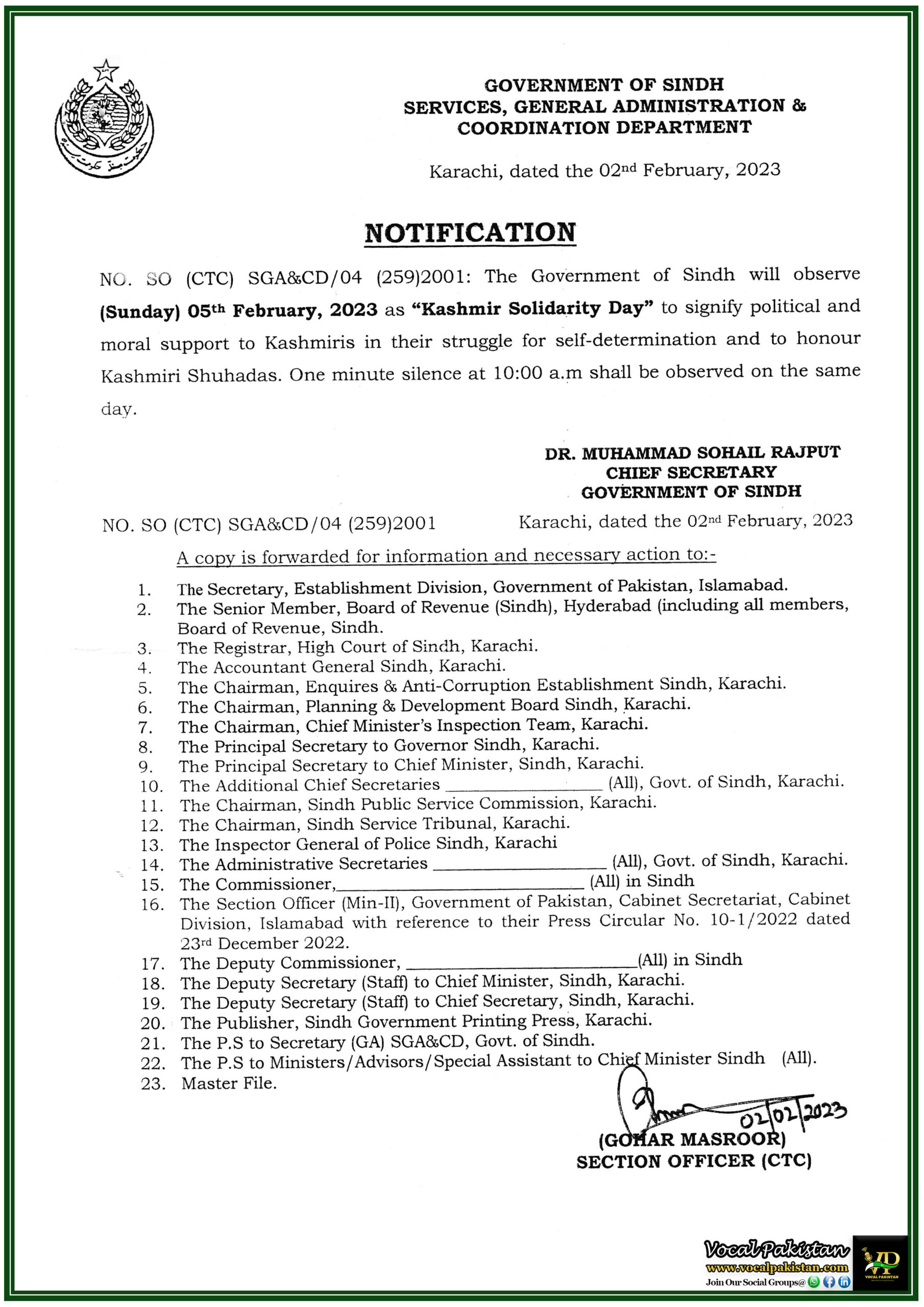 Government Of Sindh Declared 5th February, 2023 As Public Holiday Throughout The Province Of Sindh On The Occasion Of Kashmir Solidarity Day-Notification