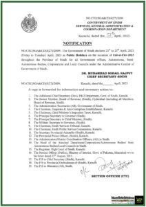 Government Of Sindh Notification Of Eid Ul Fitr Holidays-2023