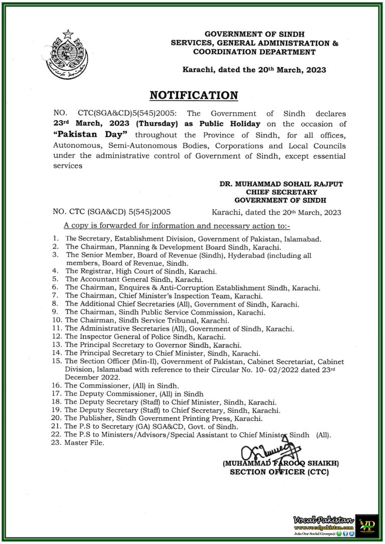 Government Of Sindh Notifies 23rd March, 2023 (Thursday) As A Public Holiday On The Occasion Of Pakistan Day Throughout The Province Of Sindh-Notification