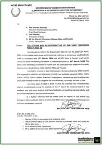 Khyber Pakhtunkhwa Government Notification regarding Collection and Re-Distribution of Old Used textbooks for Academic Year 2024-25