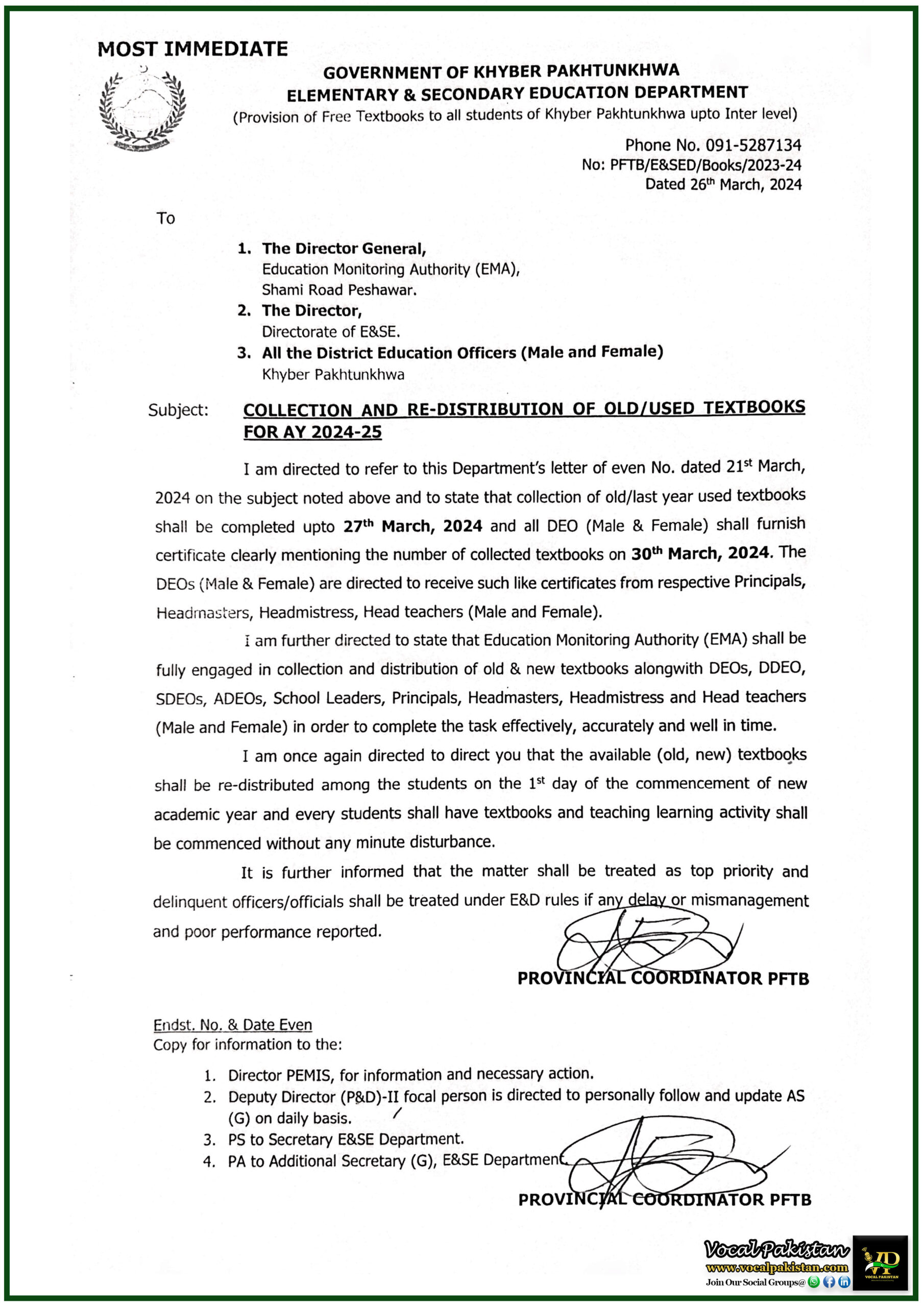 KPK 2 Khyber Pakhtunkhwa Government Notification regarding Collection and Re-Distribution of Old Used textbooks for Academic Year 2024-25