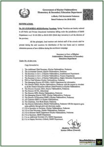 Khyber Pakhtunkhwa Schools to Remain Closed for Spring Vacations from April 1-8, 2024-Notification