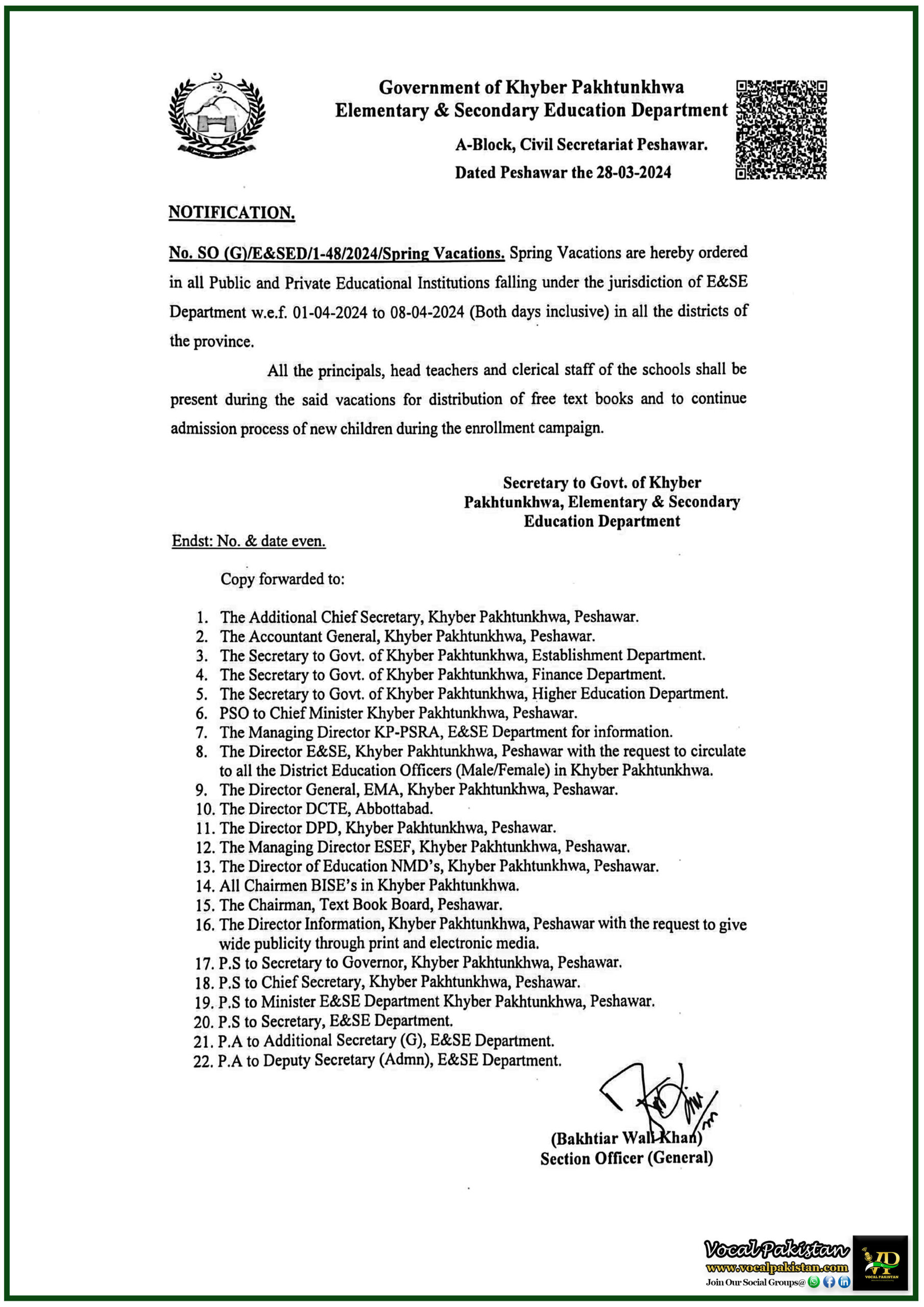 KPK 3 Khyber Pakhtunkhwa Schools to Remain Closed for Spring Vacations from April 1-8, 2024-Notification