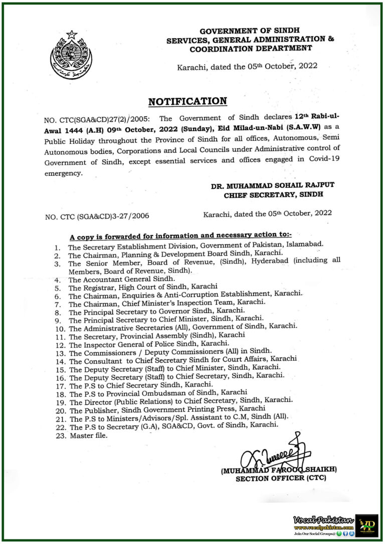 Notification-Government of Sindh Declares Public Holiday For Eid-Milad-Un-Nabi On October 9th, 2022