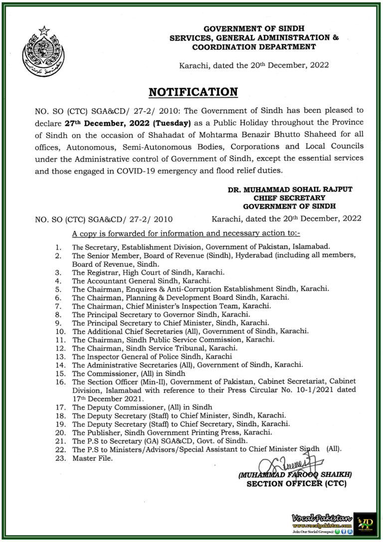 The Government Of Sindh Declared 27th December, 2022 As A Public Holiday On The Occasion Of Shahadat Of Mohtarma Benazir Bhutto Shaheed-Notification