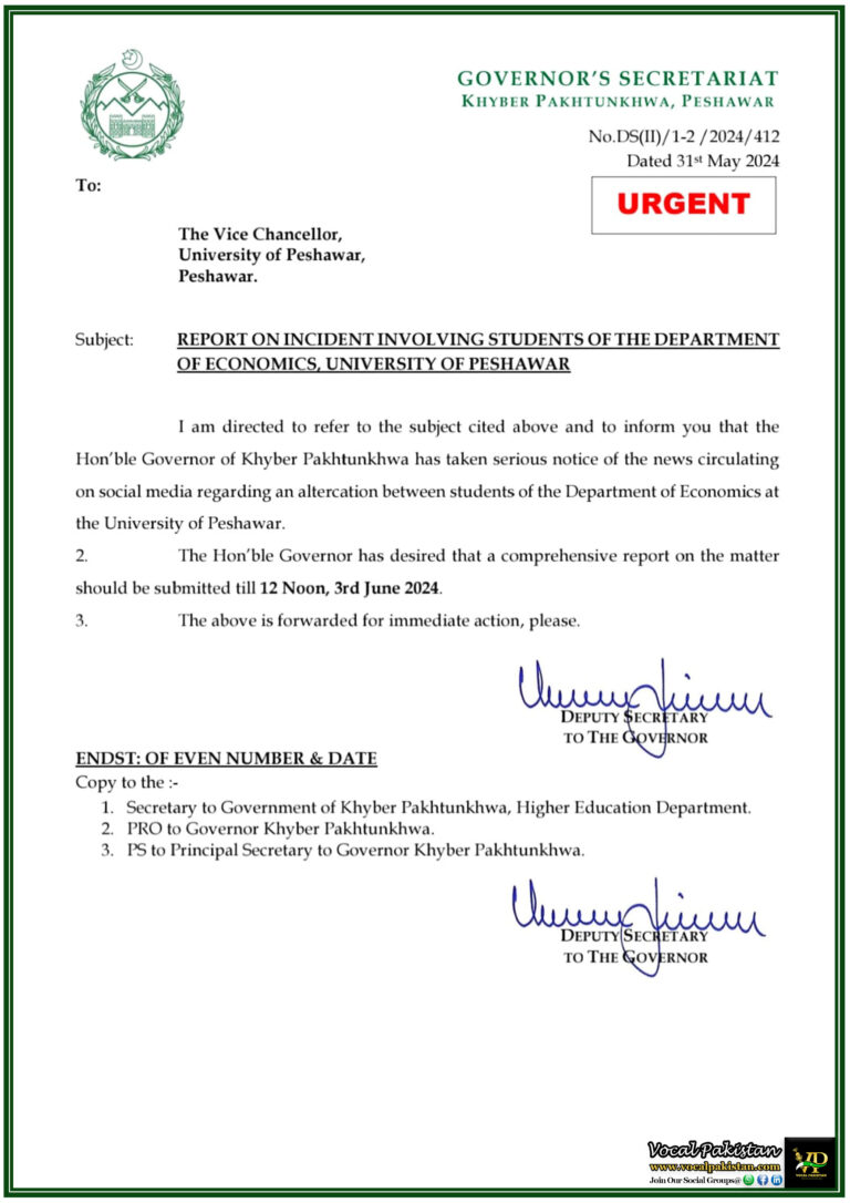 Urgent Notification: Governor KPK Seeks Immediate Report on Student Altercation at University of Peshawar