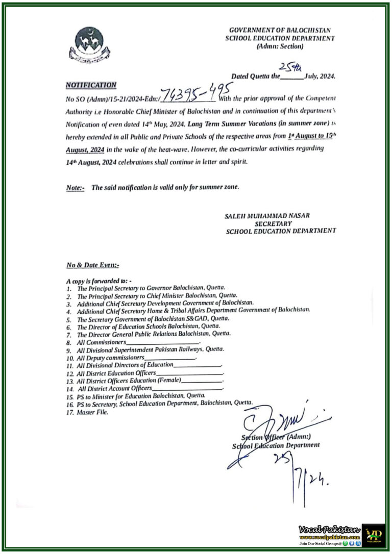 Balochistan Extends Summer Vacations Due to Heat Wave Schools to Reopen on 16th August 2024-Notification