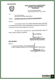 Chief Minister's Secretariat Announces Lifting Of Ban on Recruitment in Khyber Pakhtunkhwa-Notification