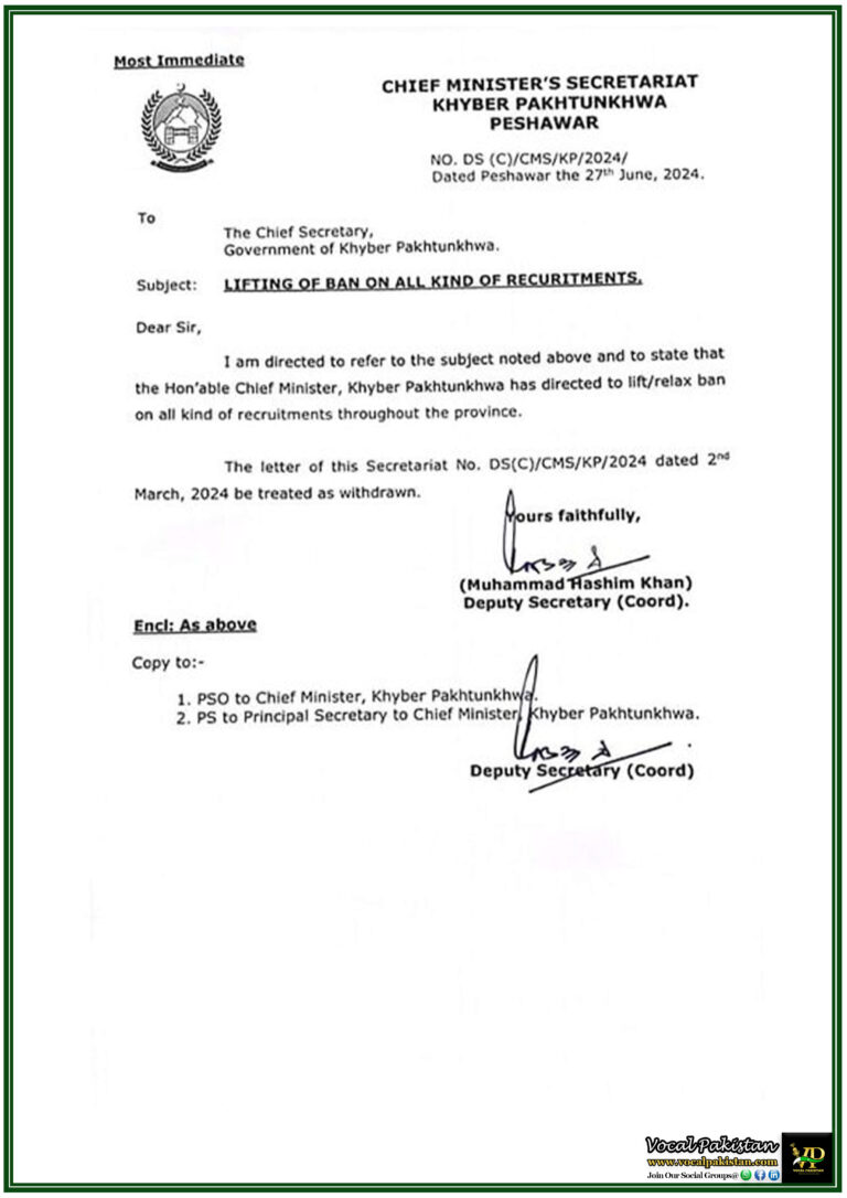 Chief Minister's Secretariat Announces Lifting Of Ban on Recruitment in Khyber Pakhtunkhwa-Notification