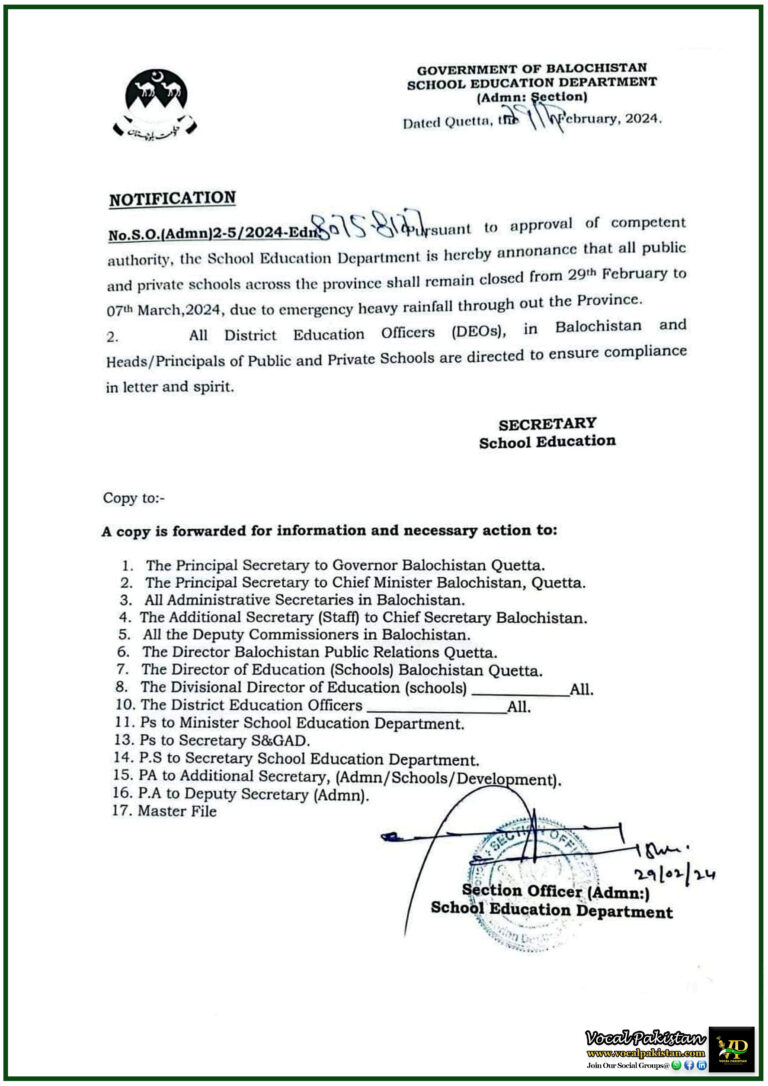 Emergency School Closures Across Balochistan From February 29th To March 7th 2024 Due To Heavy Rains-Notification