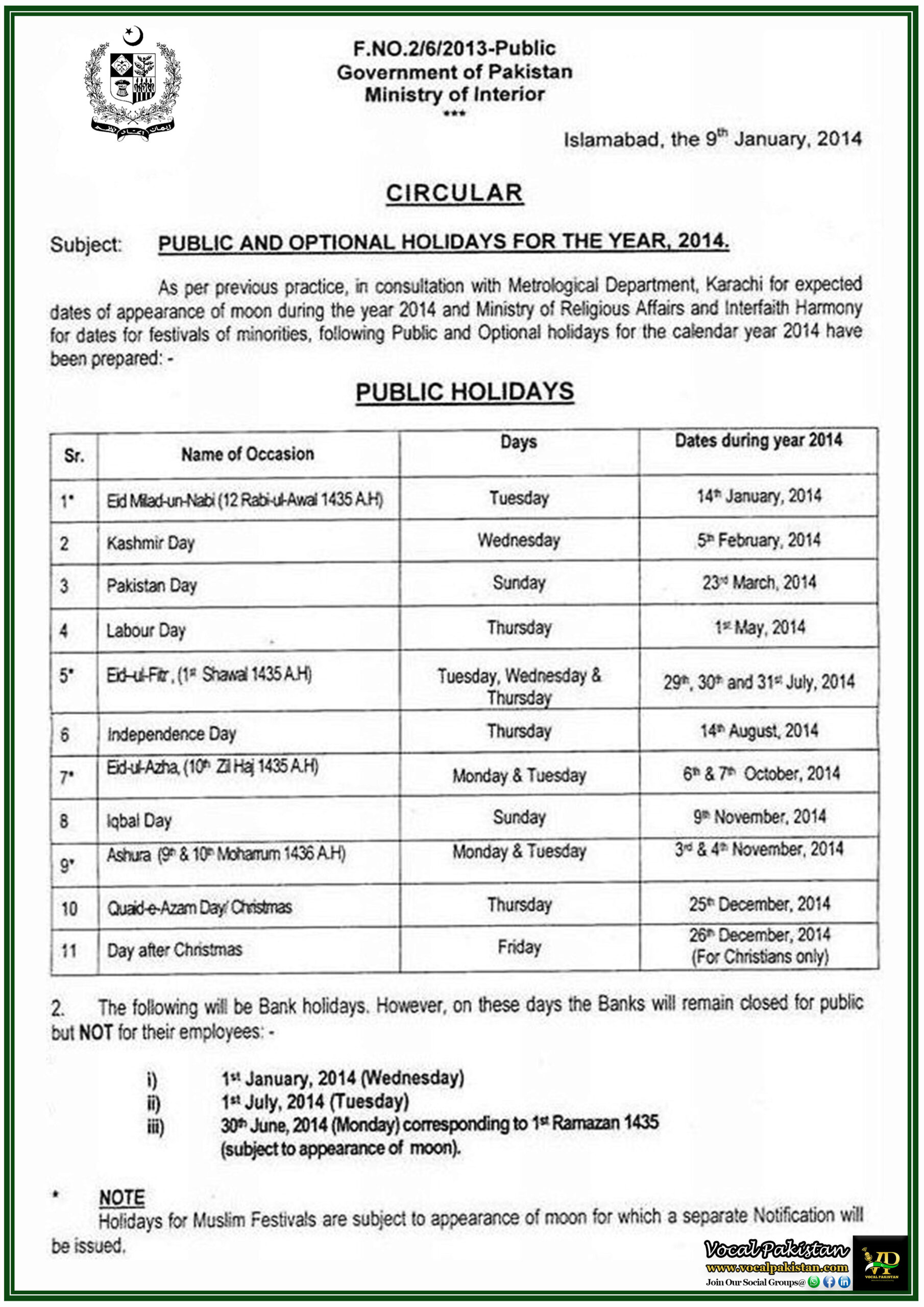 Public Holiday 8 Federal Government announced Public And Optional Holidays For The Year 2014-Notification