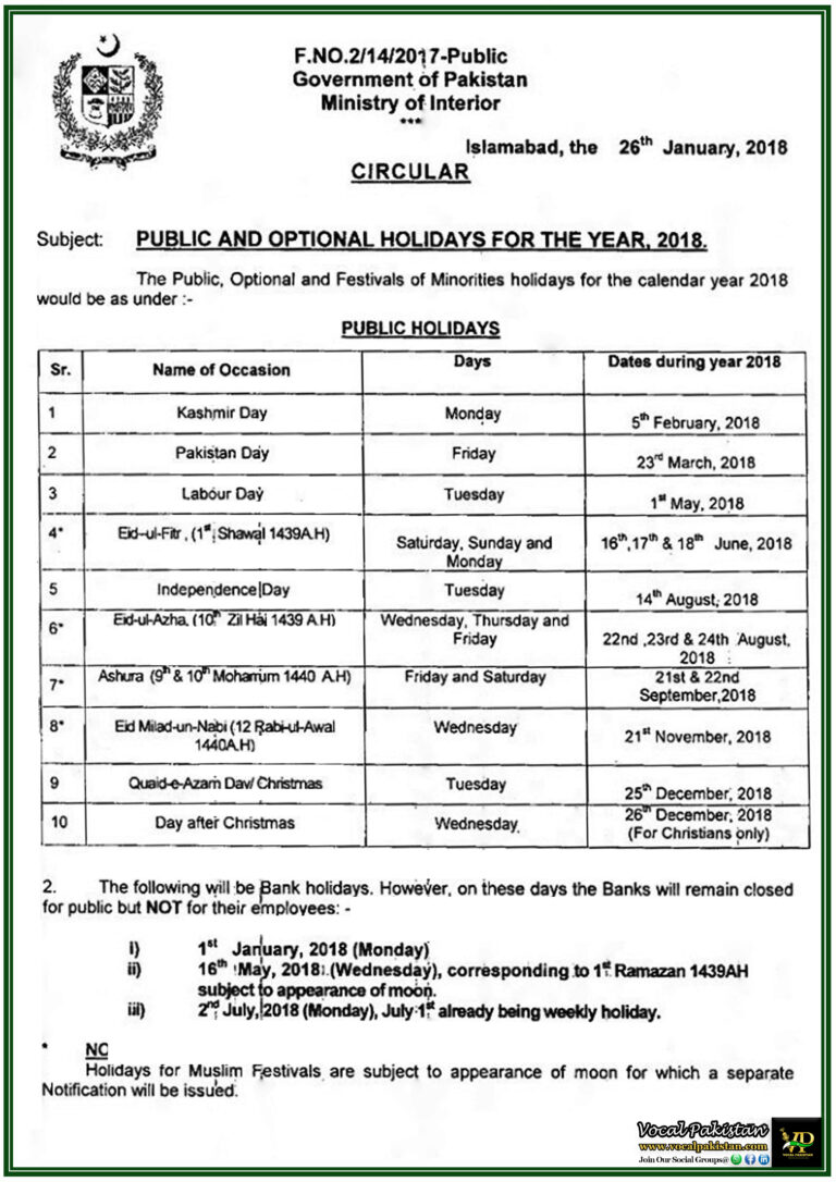 Federal Government announced Public And Optional Holidays For The Year 2018-Notification