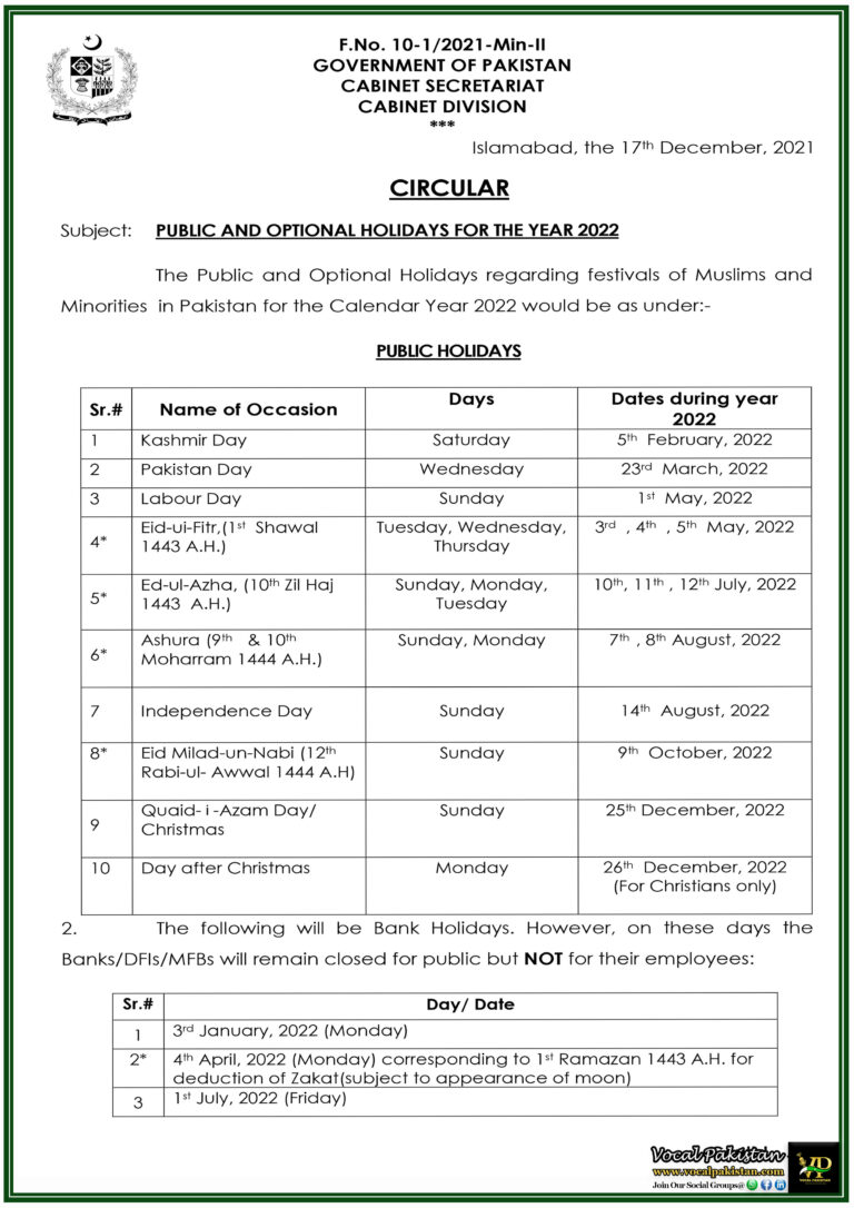 Federal Government announced Public And Optional Holidays For The Year 2022-Notification