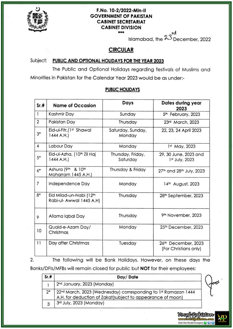 Federal Government announced Public And Optional Holidays For The Year 2023-Notification