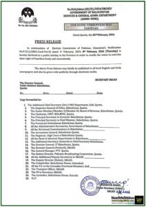 Government Of Balochistan Announced Public Holiday On February 8th 2024 On Election Day Due To Facilitating Voters-Notification