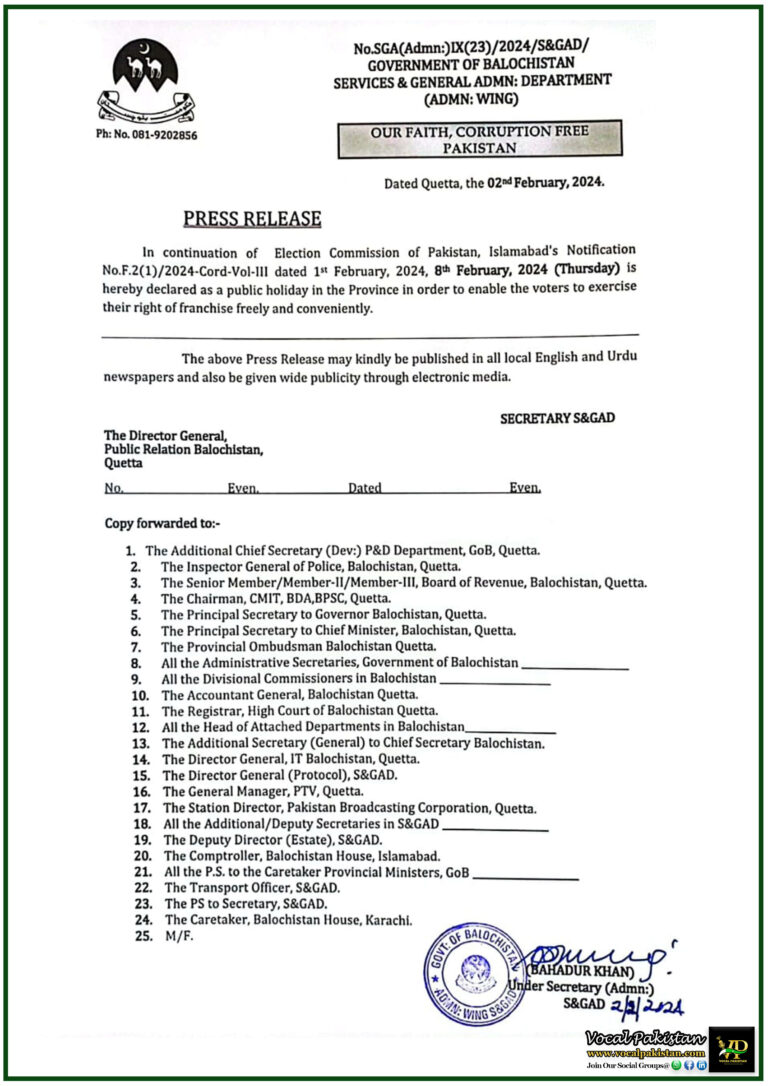 Government Of Balochistan Announced Public Holiday On February 8th 2024 On Election Day Due To Facilitating Voters-Notification