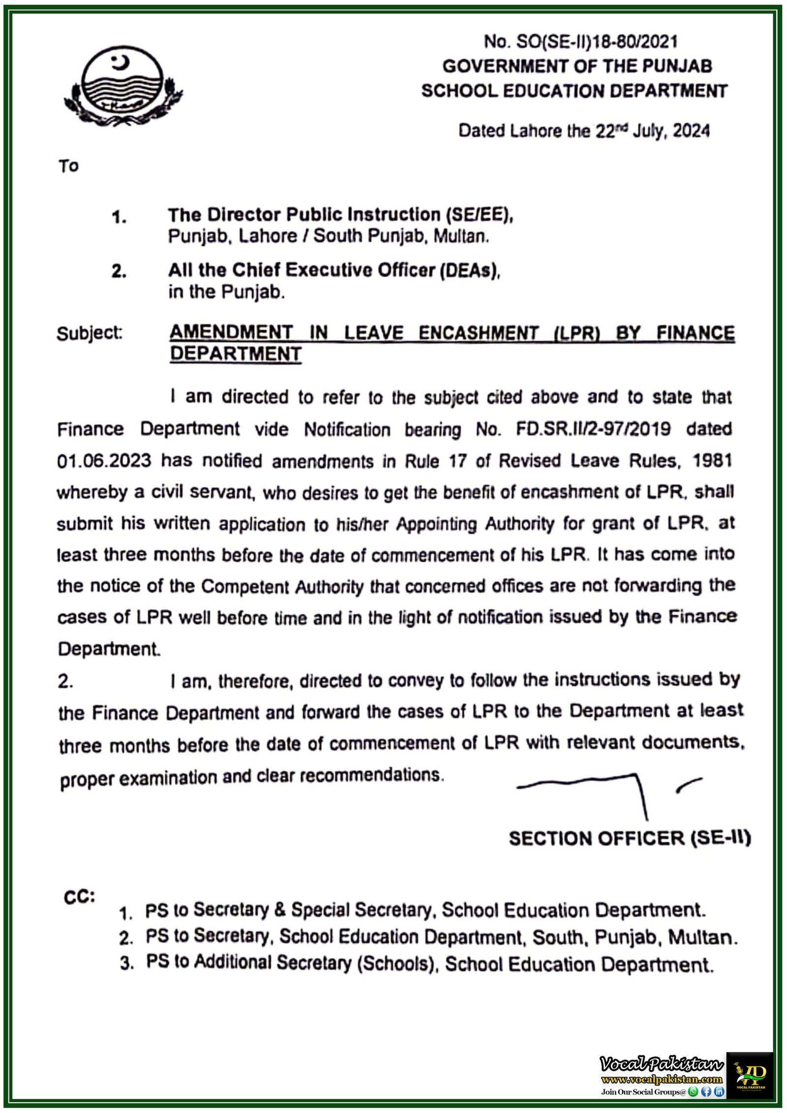 Government Of The Punjab Notification Regarding Amendment In Leave Encashment (LPR) By Finance Department