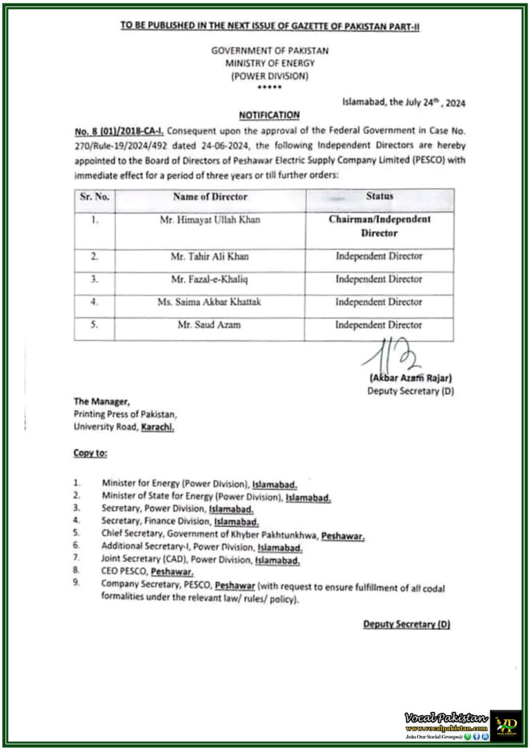 Government of Pakistan Announces New Appointments to PESCO's Board of Directors – Official Notification Issued