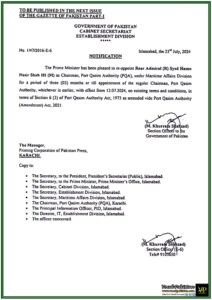 Government of Pakistan Extends Tenure of Rear Admiral (R) Syed Hassan Nasir Shah as Chairman, Port Qasim Authority-Notification