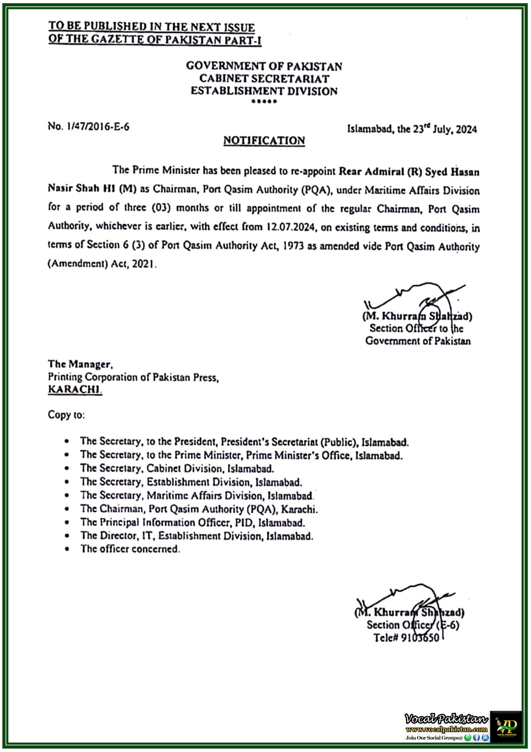 Federal 9 Government of Pakistan Extends Tenure of Rear Admiral (R) Syed Hassan Nasir Shah as Chairman, Port Qasim Authority-Notification