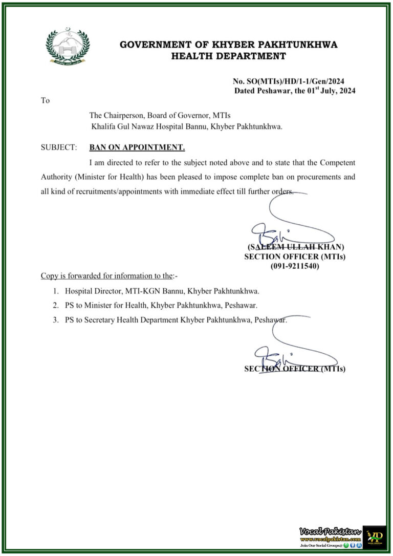 Khyber Pakhtunkhwa Health Department Imposes Immediate Ban on Appointments and Procurements-Notification