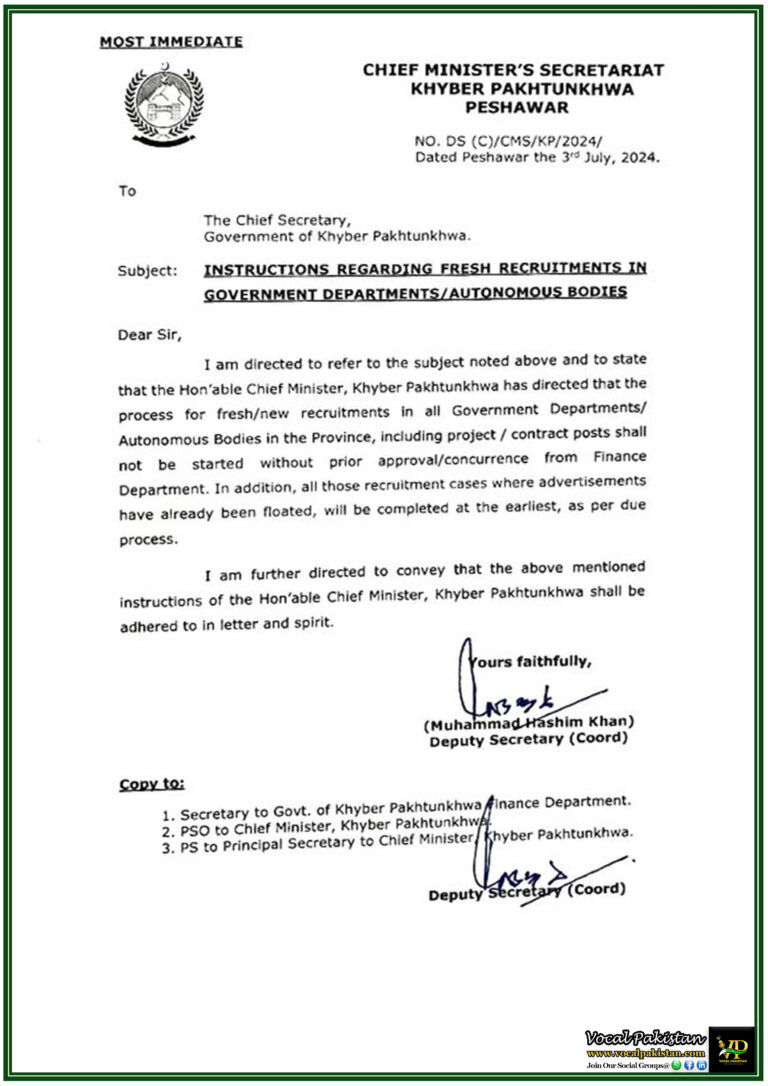 Khyber Pakhtunkhwa Notification Of Instructions Regarding Fresh Recruitments In Government DepartmentsAutonomous Bodies