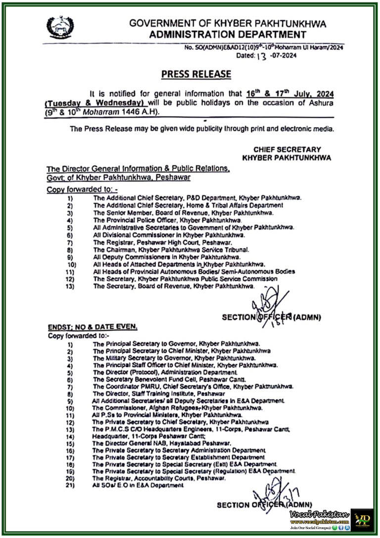 Khyber Pakhtunkhwa to Observe Public Holidays for 9th & 10th Moharram 2024-Notification