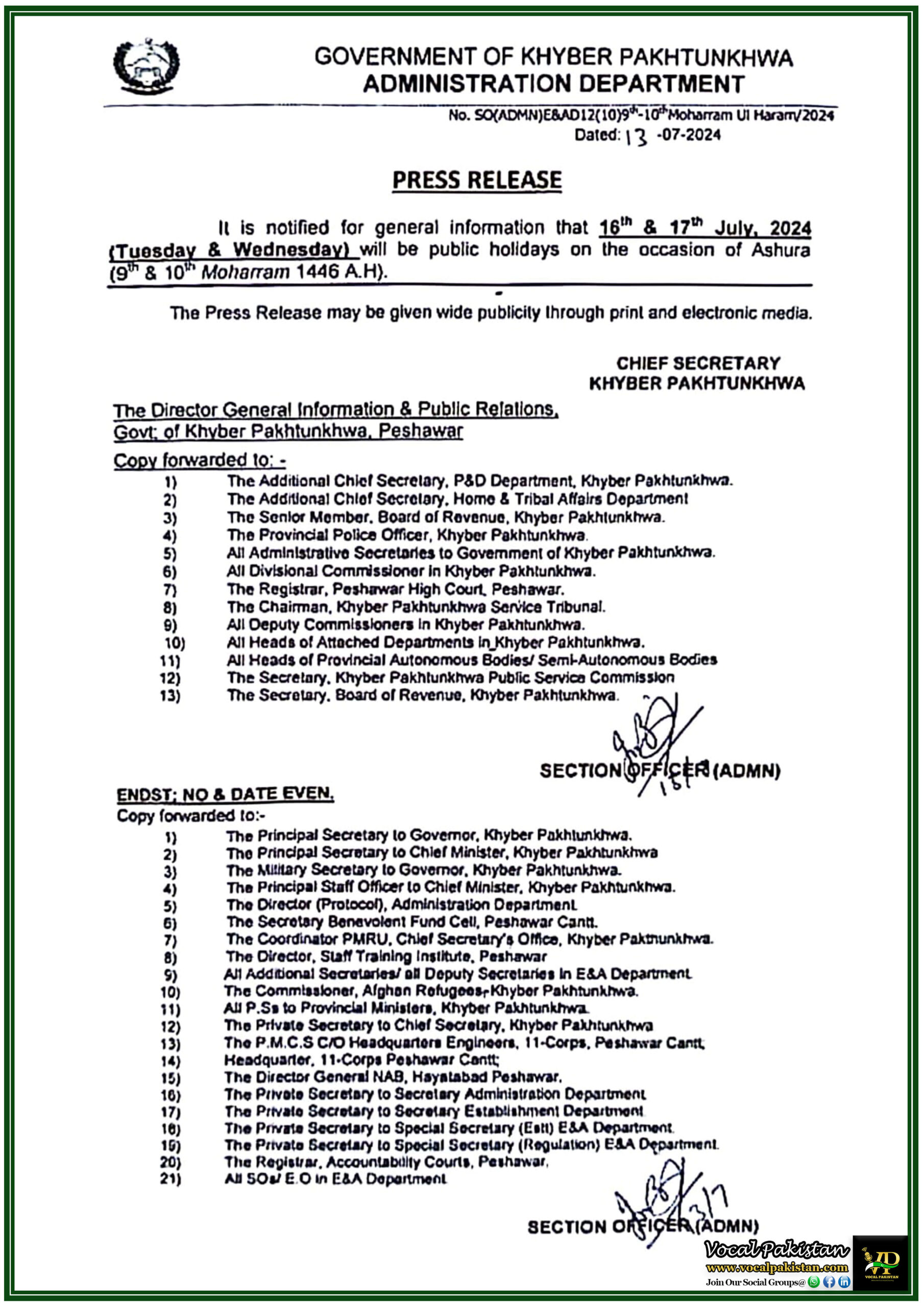 Public Holiday 6 Khyber Pakhtunkhwa to Observe Public Holidays for 9th & 10th Moharram 2024-Notification