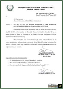 Lifting Of Ban On Major Decisions By Board Of Governors Of Medical Teaching Institutions In Khyber Pakhtunkhwa-Notification