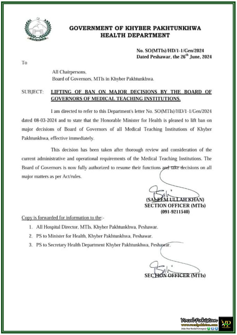 Lifting Of Ban On Major Decisions By Board Of Governors Of Medical Teaching Institutions In Khyber Pakhtunkhwa-Notification