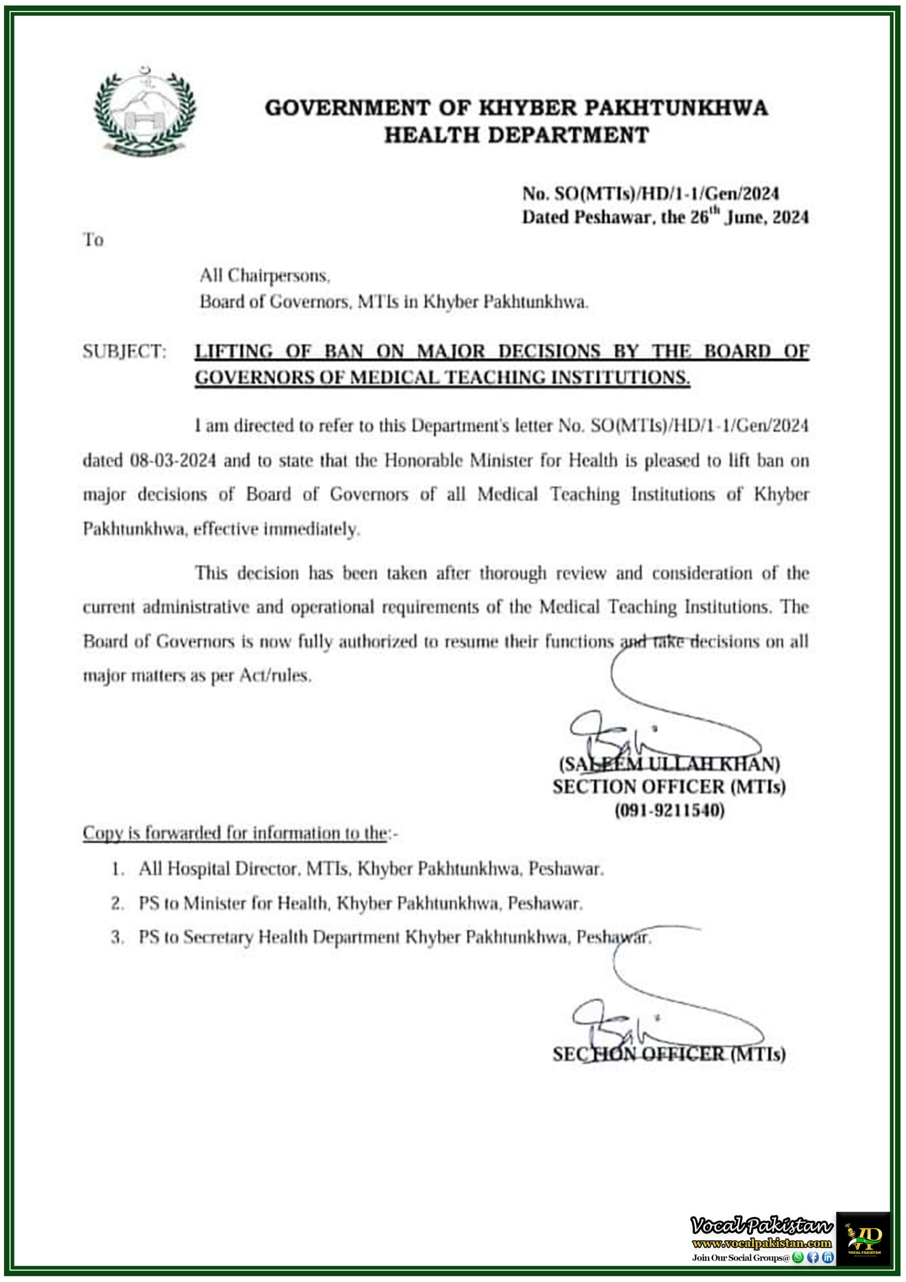 KPK 10 Lifting Of Ban On Major Decisions By Board Of Governors Of Medical Teaching Institutions In Khyber Pakhtunkhwa-Notification