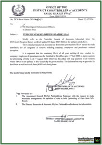 Mandatory IBAN Requirement for Vendor Payments Swat Khyber Pakhtunkhwa Accounts Office Issues Notification