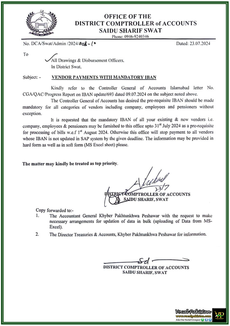 Mandatory IBAN Requirement for Vendor Payments Swat Khyber Pakhtunkhwa Accounts Office Issues Notification