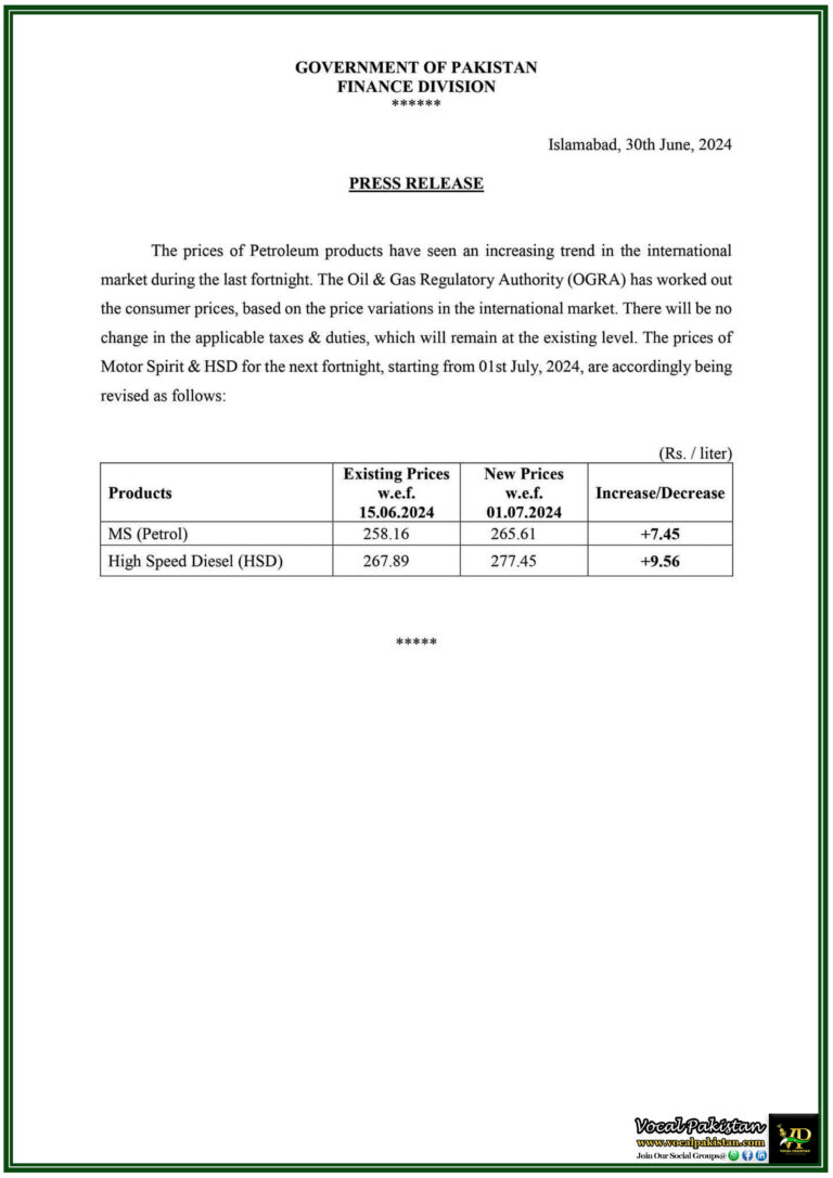 New Increased Petroleum Prices From 1st July, 2024 Notification Issued By Finance Department