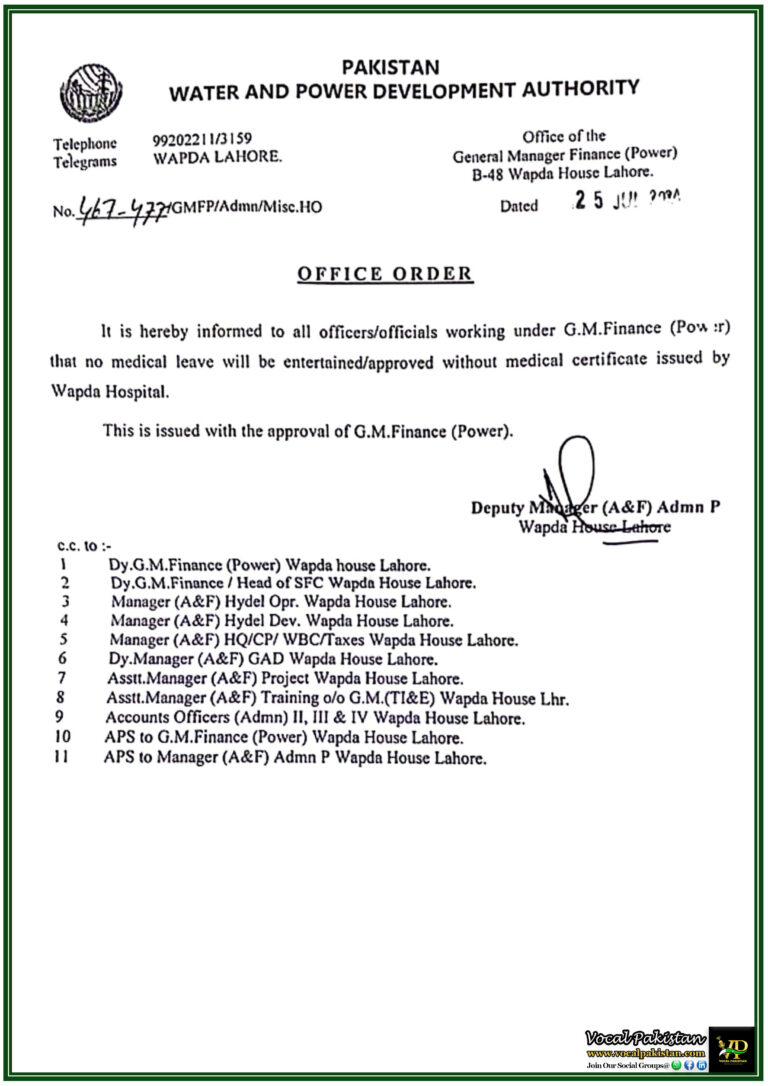 New Medical Leave Regulations Announced by WAPDA Approval Requires Hospital Certificate-Notification