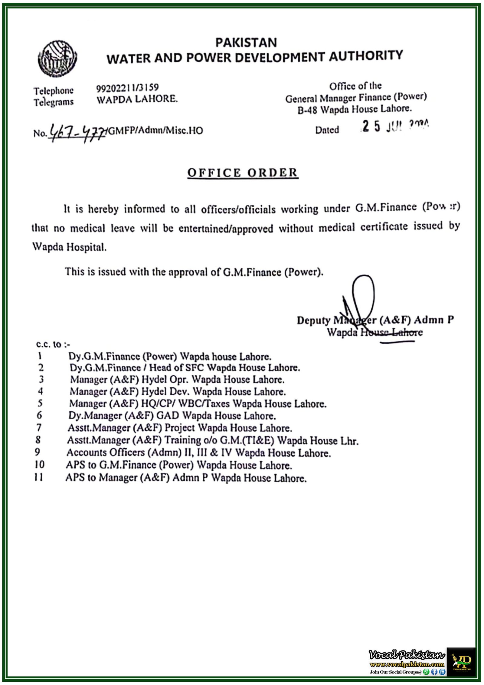 New Medical Leave Regulations Announced by WAPDA: Approval Requires Hospital Certificate-Notification