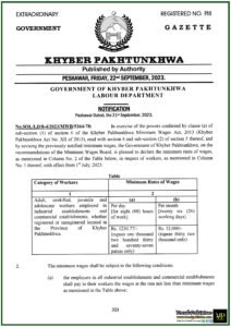 New Minimum Wage Rates Announced for Khyber Pakhtunkhwa Workers: Effective July 1, 2023-Notification