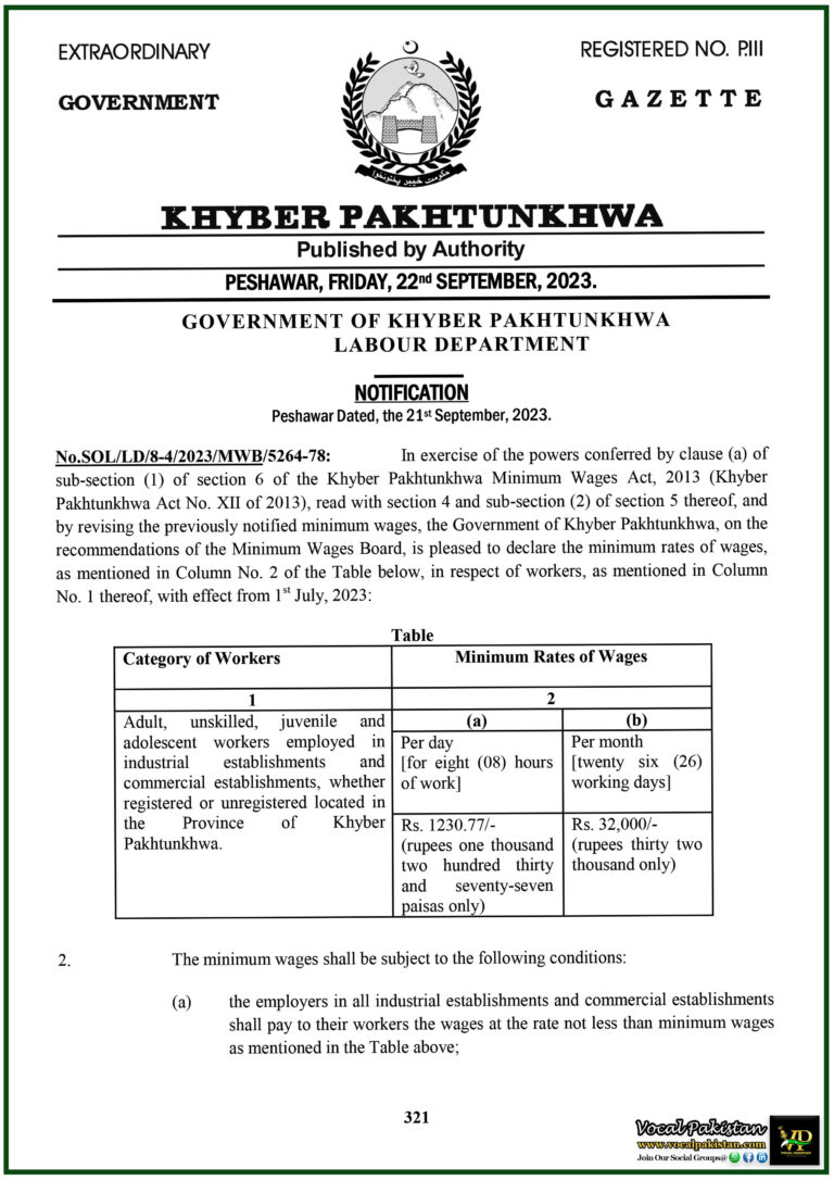 New Minimum Wage Rates Announced for Khyber Pakhtunkhwa Workers: Effective July 1, 2023-Notification