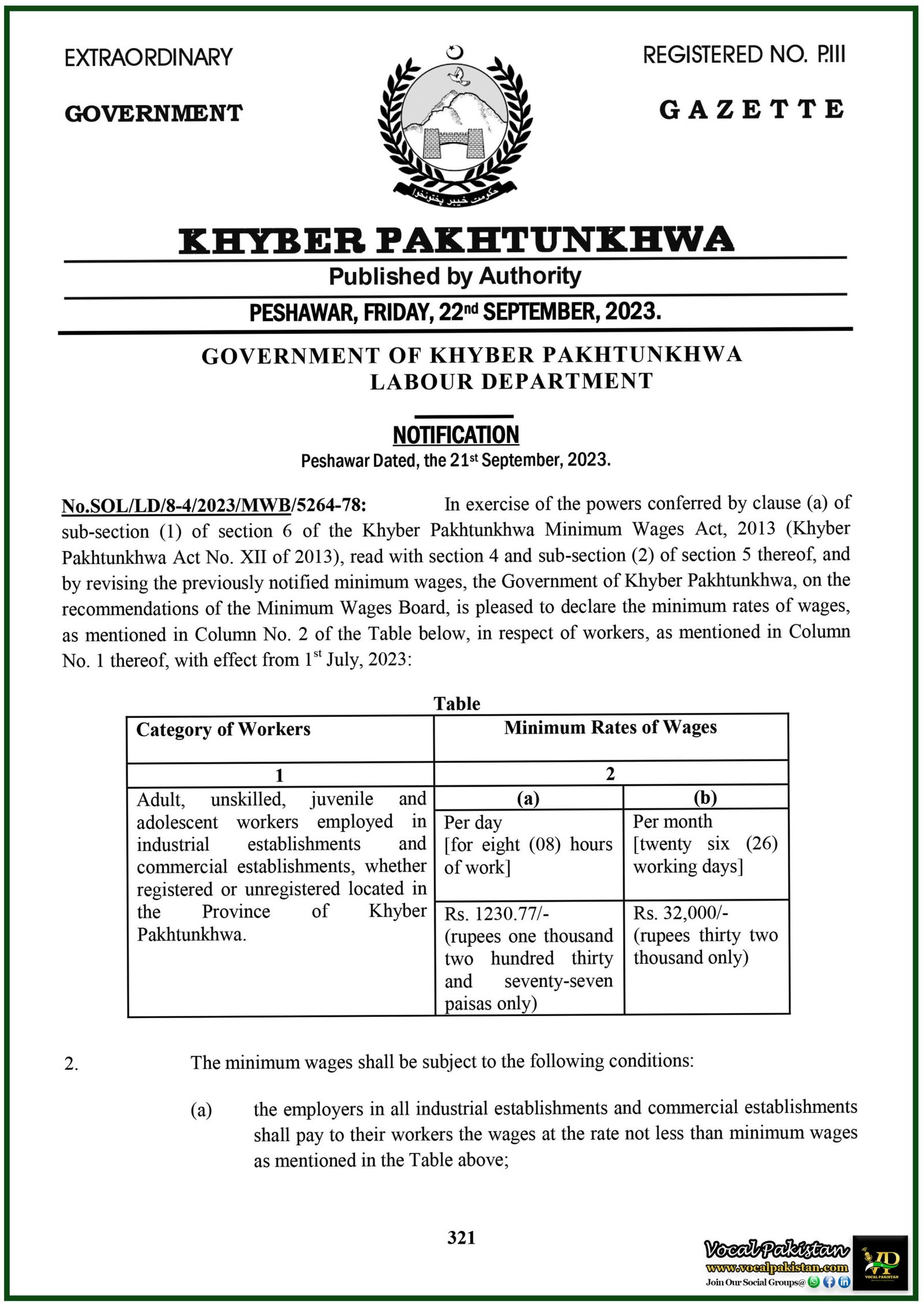 New Minimum Wage Rates Announced for Khyber Pakhtunkhwa Workers: Effective July 1, 2023-Notification