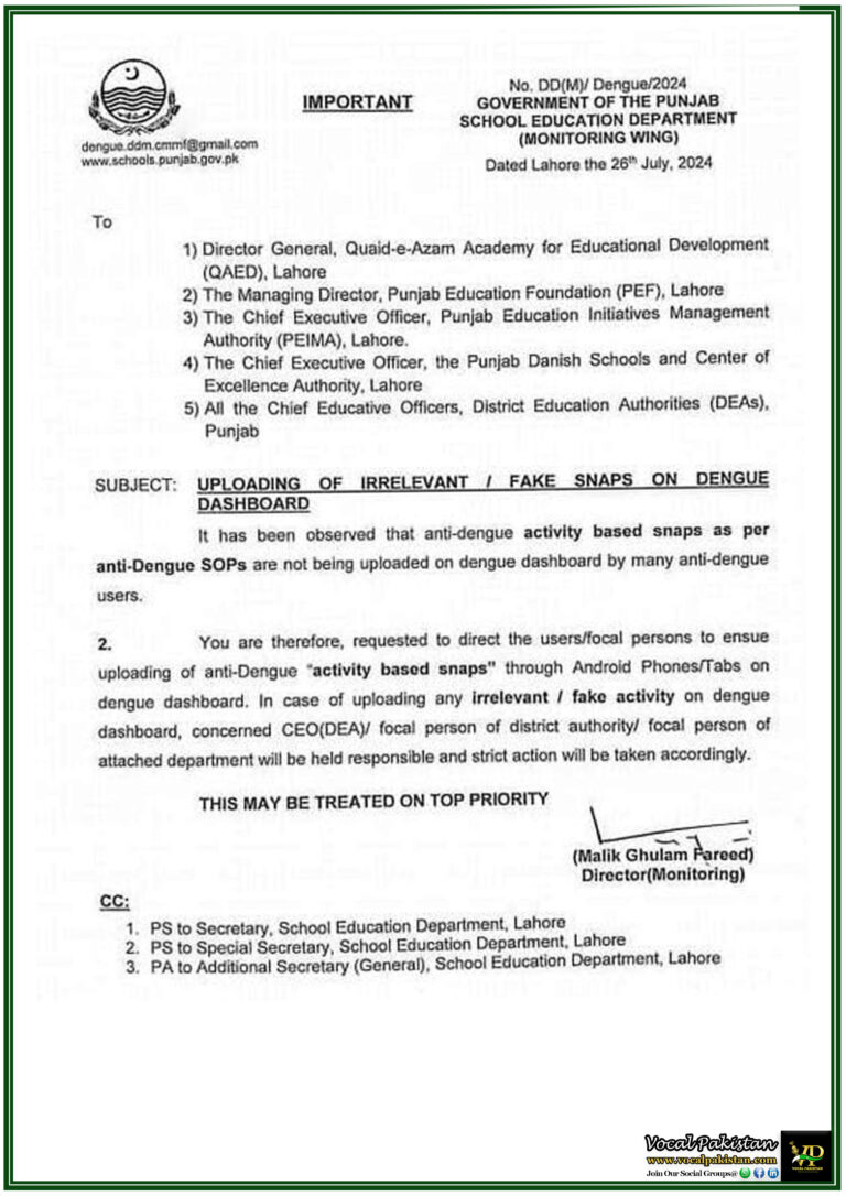 Notification Of Punjab Government Regarding Strict Actions Ahead For Irrelevant Uploading Of Irrelevant Fake Snaps On Dengue Dashboard