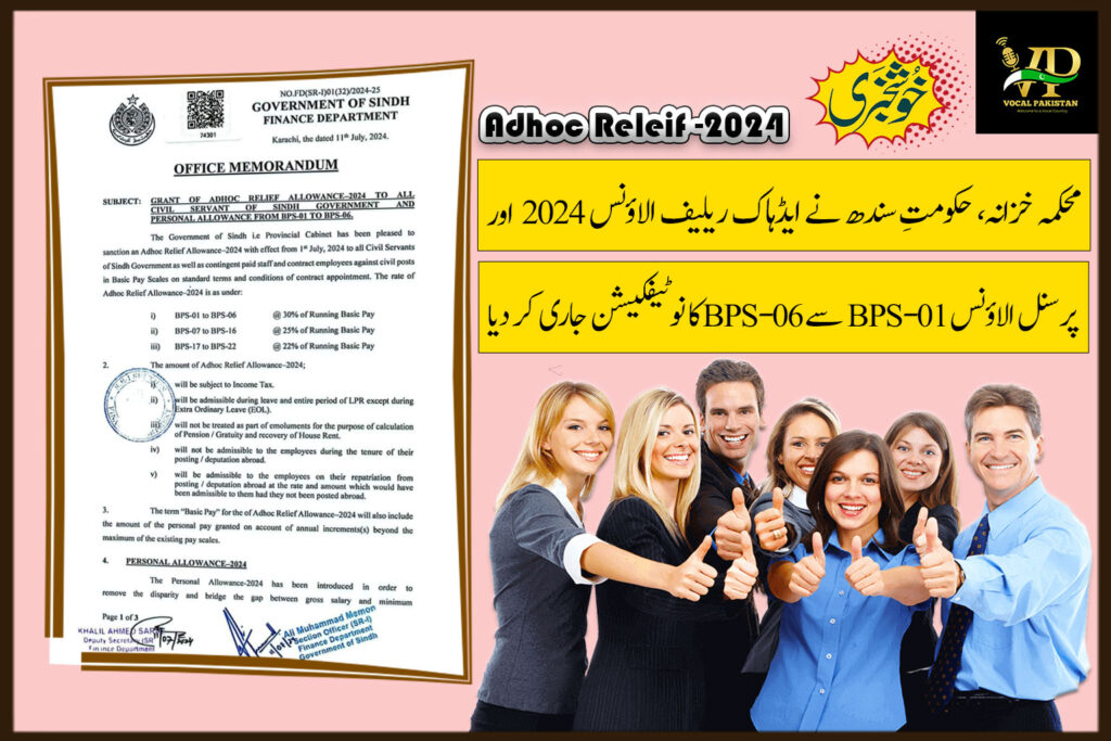 Notification-Sindh Government Announces 2024 Adhoc Relief Allowance For All Civil Employees And 2024 Personal Allowance For Bps-01 To Bps-06 Employees