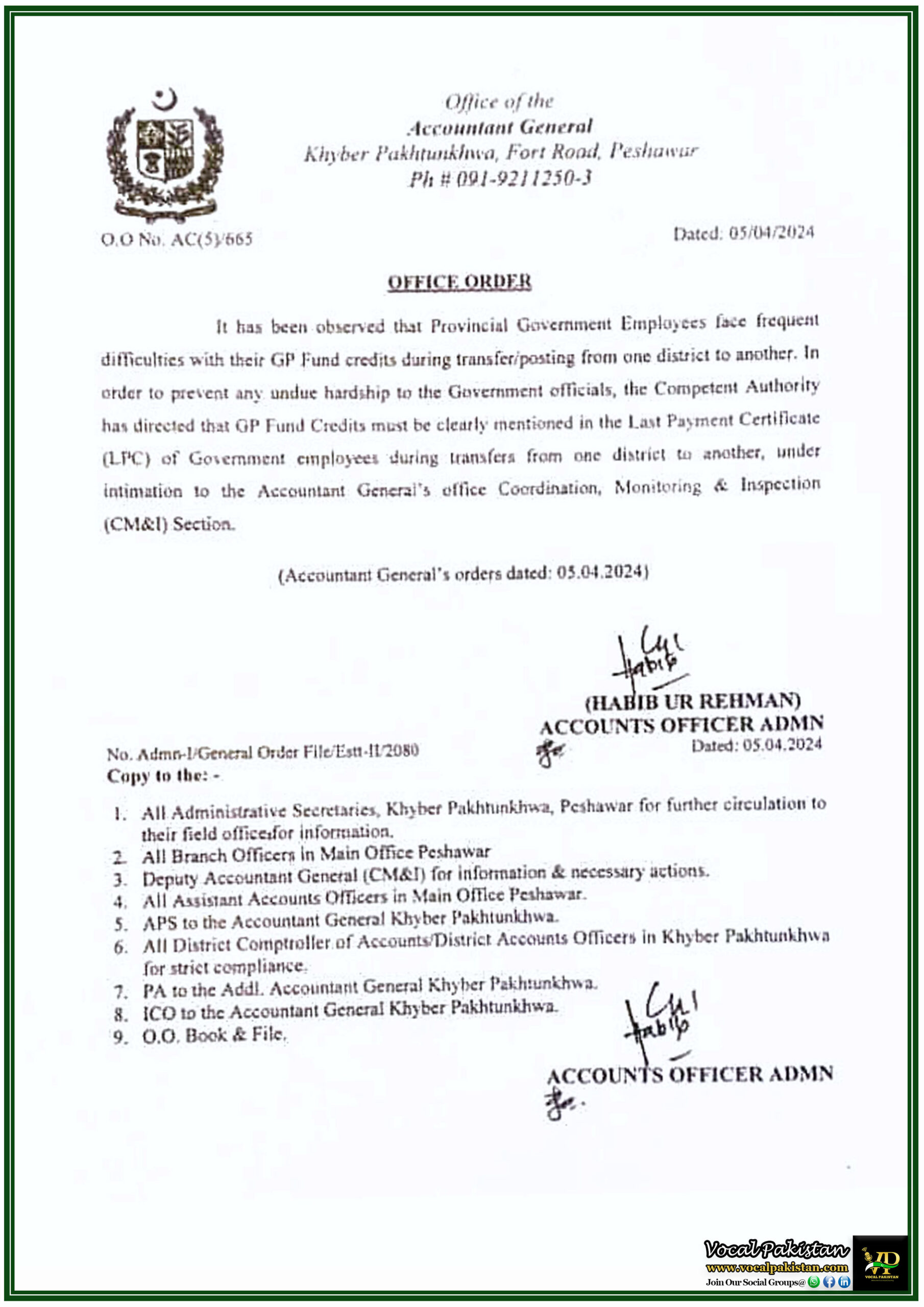 KPK 4 Office Of The Accountant General Khyber Pakhtunkhwa Issues New GP Fund Credit Guidelines For Seamless Transfers For Provincial Government Employees-Notification