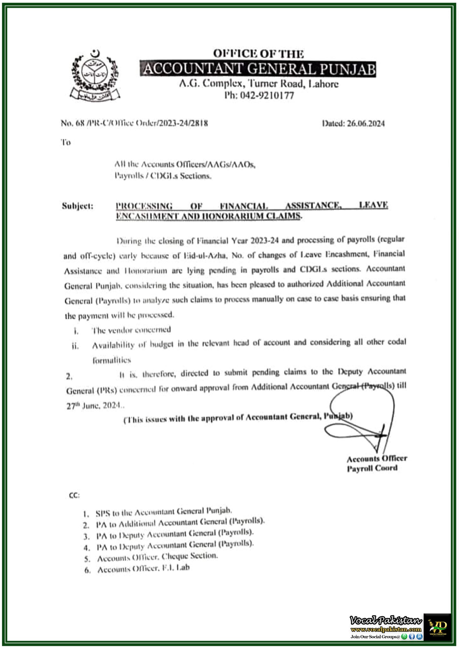 Processing of Financial Assistance, Leave Encashment, and Honorarium Claims by Office of the Accountant General Punjab-Notification