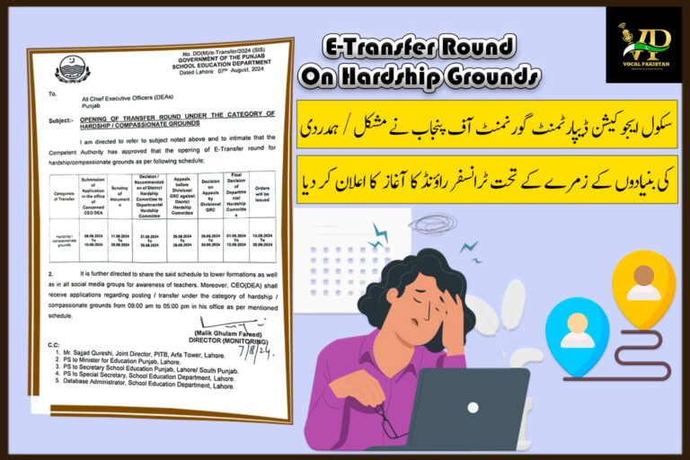 Punjab Government Announces E-Transfer Round for Teachers on Hardship Grounds Schedule Released