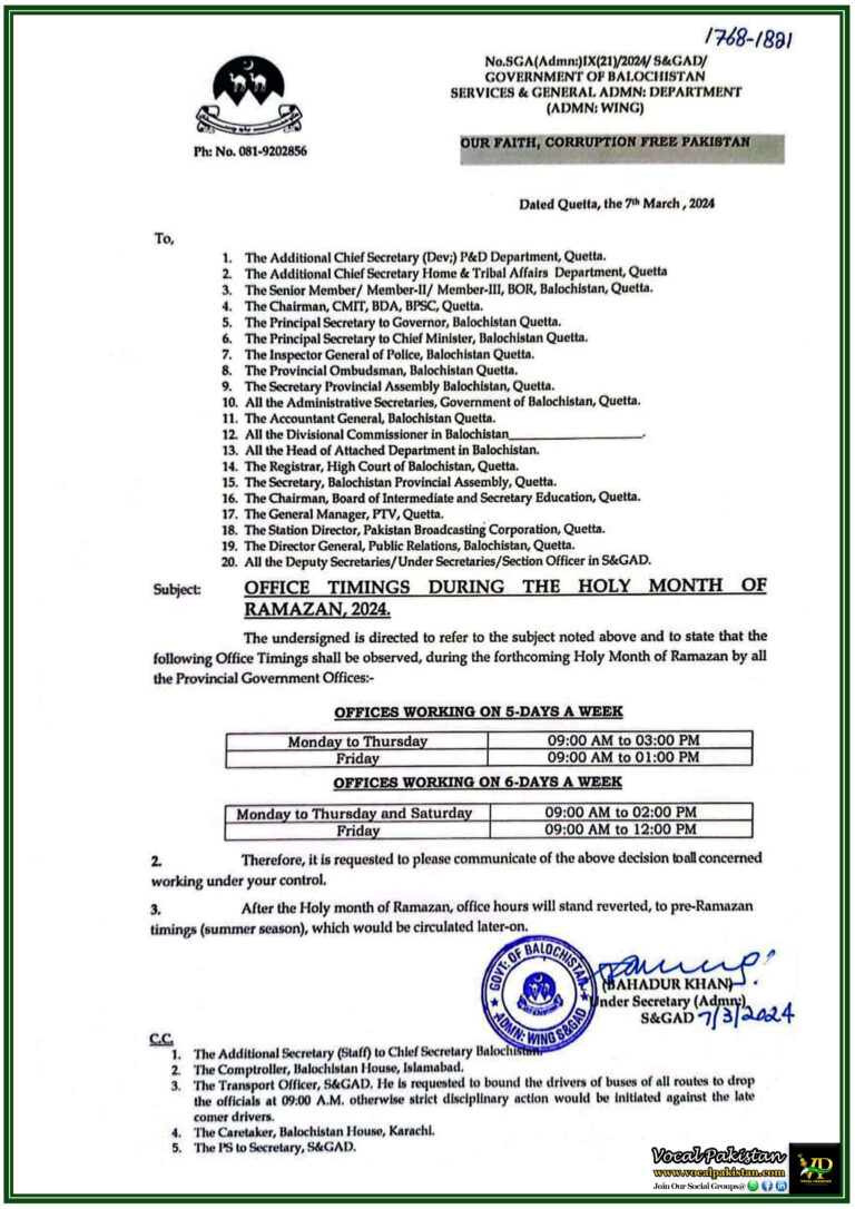 Updated Office Timings for Balochistan Provincial Government Offices During Ramazan 2024-Notification